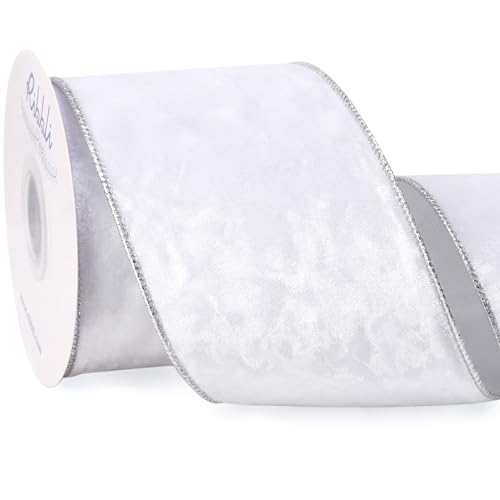 Image of Ribbli White Velvet Wired Ribbon 4 Inch Metallic White Silver Crushed Velvet Christmas Ribbon for Gift Wrapping Christmas Tree Decoration Crafts Wreaths Supplies-Continuous 10 Yards