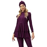 YONGSEN Women Burkini Islamic Modest Plus Size Muslim Swimwear with Bra Pad Front Black and White Grid Hijab Swimsuit (Purple, M)