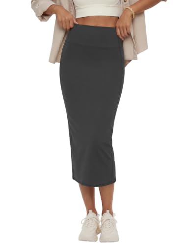 Image of Rooscier Women's High Waisted Pencil Midi Skirt | Stretchy Bodycon Knee Length Skirts with Back Slit