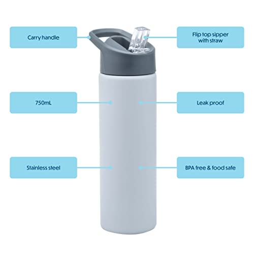 Smash Stainless Steel Drink Bottle with Sipper Lid with Straw, Grey, 750ml, 750 ml - Image 2