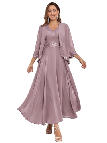 Women's 2 Piece Chiffon Mother of The Bride Dresses with Jackets for Wddding Ankle Length Lace Formal Dress