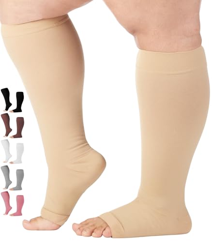Compression Socks for Women and Men 20-30 mmHg Plus Size - Medical Knee High Compression Socks for Varicose Veins Circulation, Bariatric, Lymphedema - Beige, 3X-Large - AB211