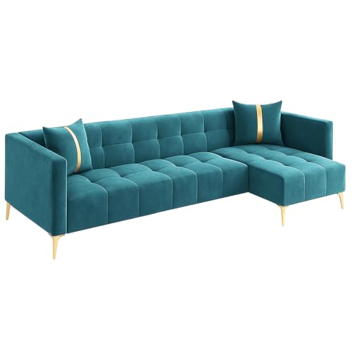 Image of FURNY Styliving 6 Seater Fabric RHS L Shape Sofa Set (Aqua Blue) with Golden Finish Legs | Durable & Comfortable | Ideal for Living Room