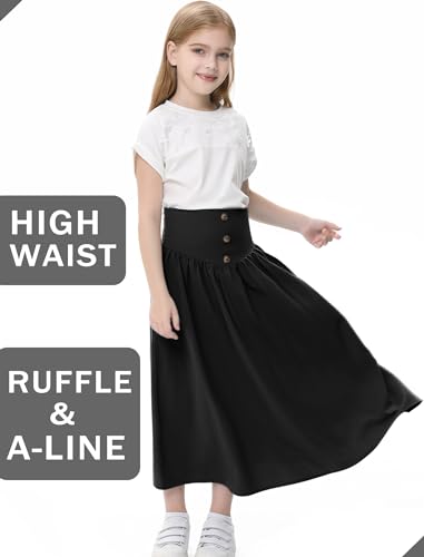 Image of Girl Maxi Skirt Elastic High Waist A-Line Long Skirt Smocked Waistband with Drawstring and Pockets 3-12 Years