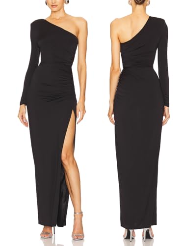 Aigeman Womens One Shoulder Long Sleeve Maxi Dress Bodycon Ruched Split Thigh Formal Dress 218