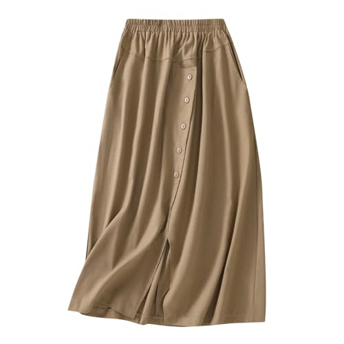 Business Skirts Women's Solid Color Elastic Waist Button Closure Side Pockets Tail Slit Mid-Calf Length Pleated Hem Skirt