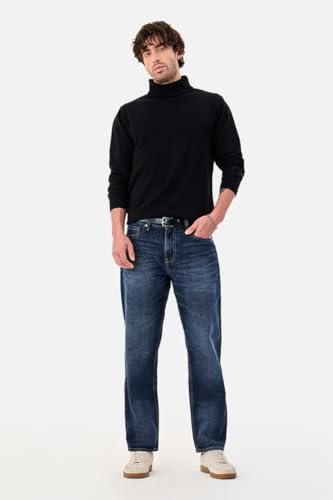 Image of SNITCH Men Casual Jeans | Relaxed Fit Straight Leg Washed Pattern & Drawstring Closure | 100% Cotton Denim Fabric for All Day Comfort & Everyday Wear