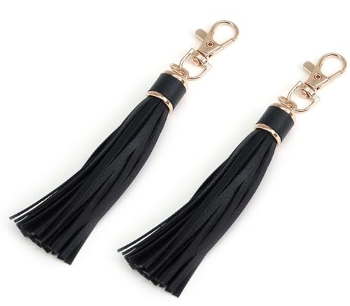 2 Pieces Porte Clef Femme avec Pompons,Porte-Clés pour Sacs à Main,Téléphones Portables,Accessoires de Clés Pratique,14.5 x 1.5cm (Noir)