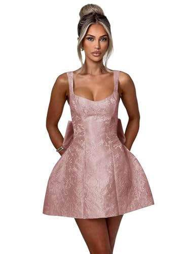 Image of Women's Satin Mini Homecoming Dresses with Bow A Line 2025 Dusty Rose Sleeveless Cute V Neck Short Cocktail Party Gown for Teens Plus Size US28W