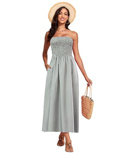 Image of Capuffy Women Strapless Boho Maxi Dress Sleeveless Tube A Line Summer Sundress with Pockets Flowy Swing Beach Dress 33