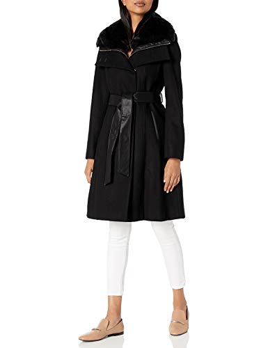 French Connection Women's Faux Fur Collar Detachable Bib Wool Coat, Jet Black, X-Small