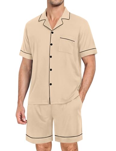 Image of SWOMOG Mens Pajama Set Short Sleeve 2 PCS Sleepwear Button Down Soft Loungewear Modal Set Pj Set with Pockets S-3XL