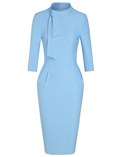 Image of MUXXN Women's Midi Pencil 1950s Vintage Cocktail 3 /4 Sleeve Tie Neck Bodycon Mid-Calf Dress with Pockets