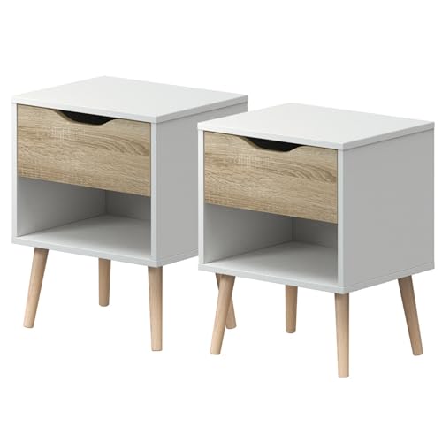 Lourini® Pack 2 Mesitas de Noche Dormitorio Blanca de Madera con 1 Cajón Estilo Nórdico Modelo 35 cm Ancho. Mesilla de Noche o Auxiliar de Salón. para Adultos, Juvenil o Infantil (Roble Natura)