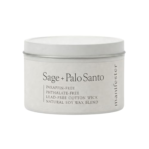 Sage & Palo Santo Natural Soy Wax Candle Phthalate Paraben & Paraffin Free Clean Burn Cotton Wick (No Lead or Zinc) Long-Lasting Aromatherapy Energy Cleansing Smudge 6 oz Tin Candle