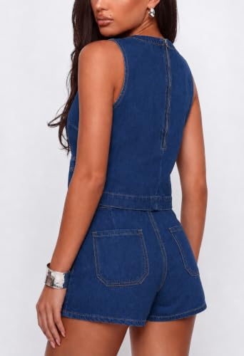 Image of Kedera Summer Denim Set for Women 2 piece Casual Sleeveless Boxy Shirt Tops and Shorts Pants Lounge Sets Outfits