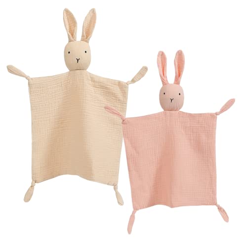 Image of insular Bunny Lovey Blanket for Boys and Girls, Organic Cotton Muslin Security Blanket for Babies, Soft Breathable Lovie Soothing Towel for Newborn and Infant, 2 Pcs Set (Khaki&Pink)