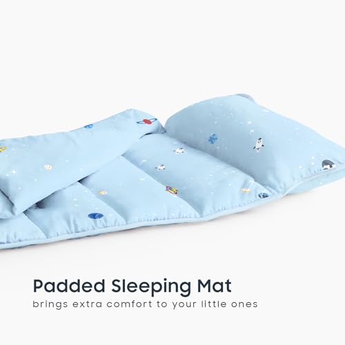 Image of Wake In Cloud - Toddler Nap Mat with Pillow and Blanket, 100% Cotton Fabric, for Kids Boys Ages 3 Plus in Daycare Kindergarten Preschool, Roll Up Sleeping Bag, Galaxy Spaces