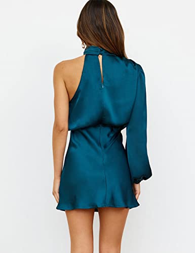 Women's Satin Long Sleeve One Shoulder Mini Dress Silk One Sleeve Turtle Neck Cut Out Cocktail Short Dress for Women2
