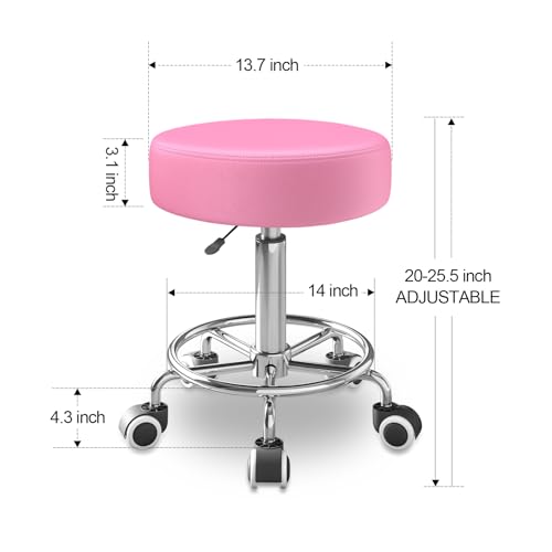 Image of Rolling Stool, Heavy Weight Capacity 250lb, PU Leather Rolling stools, Ultra Soft Padded Seat, Rolling Stools with Wheels and Footrest, 360 Swivel, Spa Drawing Salon Work Office Tattoo Stool (pink)