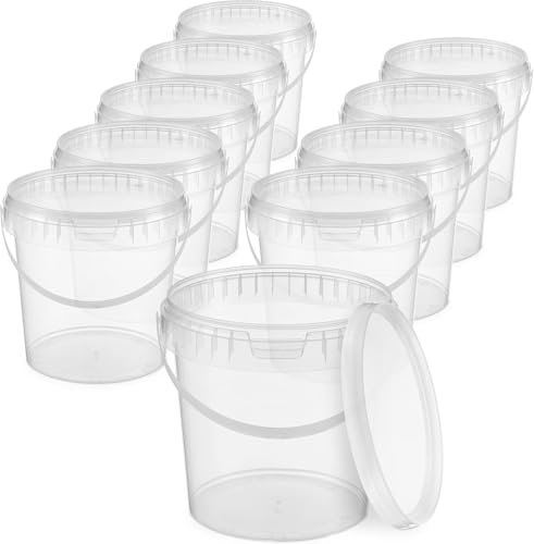BenBow Cubo con Tapa - Seguro para Alimentos, Estable, hermético - Cubo de plástico con asa - vacío, 10 Piezas Transparente 1 litro