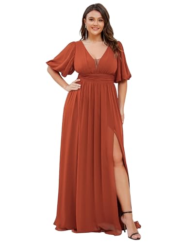 Ever-Pretty Plus Womens V-Neck Puffy Sleeves Empire Waist Ruched Bust A-Line Slit Maxi Plus Size Formal Dress