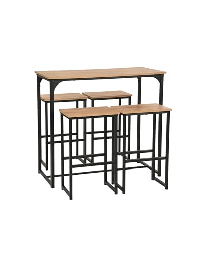 Amveya Table Bar Haute avec Tabouret 4 Personnes, Ensemble Table et 4 Chaises, Meuble Bar avec Effet Grain de Bois et Cadre Noir, Multifonctionnel Applicable...