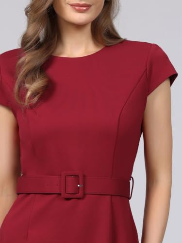 Image of Hobemty Women's Knee Length Pencil Dress Cap Sleeve Belted Wear to Work Sheath Dresses