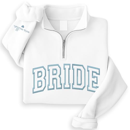 Personalized Embroidered Bride Quarter Zip Sweatshirt, Custom Sweatshirt Mrs. Last Name, Wedding Gifts For Bride, Bridal Shower, Bachelorette Party Gifts, Engagement Engaged Gift