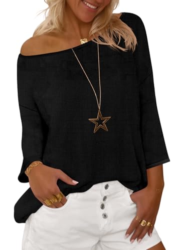 Image of BZB Women's Sweaters Trendy Casual Crewneck Lightweight Knit 3 /4 Length Sleeve Fall Sweaters Tops 2024