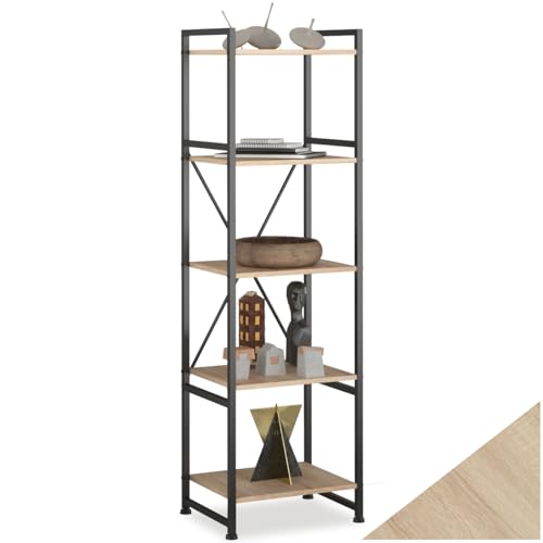tectake® Estantería Manchester, 5 Niveles, Diseño Industrial, Estanteria Cocina, Sistema Antivuelco, Estantería de Pie, Estanteria Libros, Librería Estantería - Madera Industrial Clara, Roble Sonoma