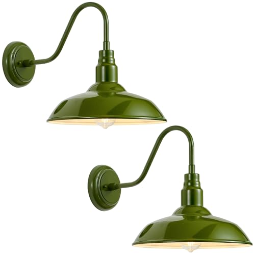 Image of 14 Inch Dome Outdoor Gooseneck Barn Lights Olive Green Farmhouse Exterior Wall Lights for Porch, 2Pack Patio Barn Style Wall Mount Gooseneck Lighting for House, Garage