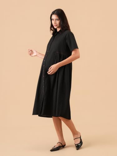 Image of The Mom Store Maternity & Nursing Midi Dress for Women | Pregnancy & Postpartum Wear | Cotton Flex Dress for New Mom | Trendy Stylish Comfortable Feeding Dress for Womens | Causal Office Formal Wear