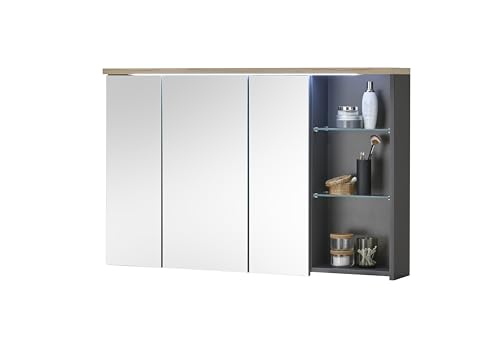 MEMPHIS Spiegelschrank Bad mit LED-Beleuchtung in Artisan Eiche Optik, Grau - Badezimmerspiegel Schrank mit viel Stauraum - 110 x 70 x 22 cm (B/H/T)