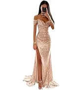 POMUYOO Women's Off Shoulder Sequin Prom Dress Cowl Neck Mermaid Pleated Formal Evening Gowns wit...