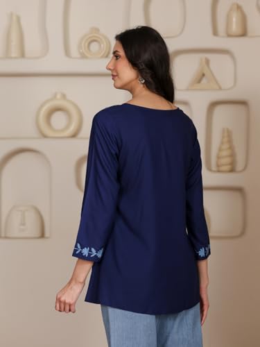 Image of QAZMI Women Kashmiri Aari Embroidered A-Line Viscose Rayon Short Kurti with Full Sleeves