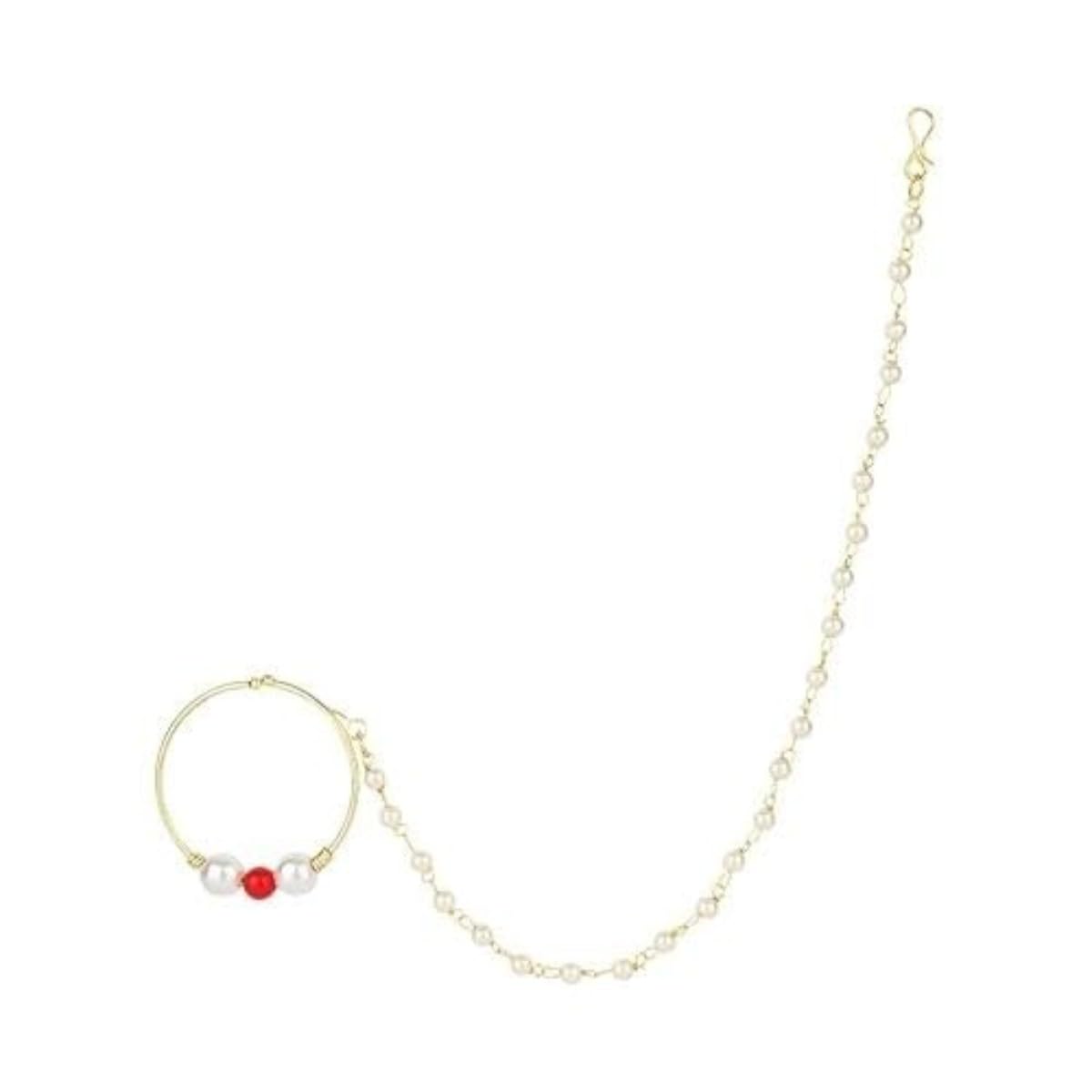 accessher Gold Color Copper Material Pearl Nose Ring Indian Bollywood AD Nose Ring/Nath with Pearl Layered Chain Padmavati Jewelry for women and girls pack of 1-picture-35