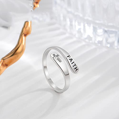 Faith Cross Sterling Silver Open Statement Rings Adjustable Minimalist Hope Love Eternity Wedding Band Promise Ring Wrap Finger Bands Jewelry Gifts For Women Girls Men Xmas (Faith) #TOP5