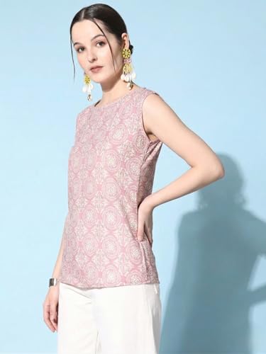 Image of Sleeveless Kurti for Women Pure Cotton Stylish Round Neck Printed Ethnic Short Kurti Jeans Top Casual Office