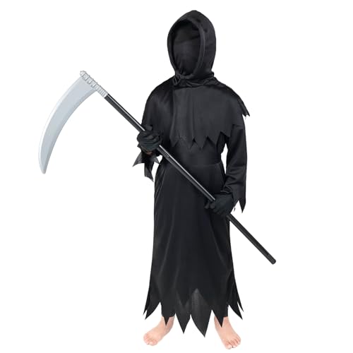 CoolChange Disfraz de Parca para niños, incluye guadaña y capucha negra, disfraz de Reaper