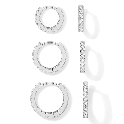 micuco 3 Pairs Small Hoop Earrings Tiny Cartilage Earrings for Women Cubic Zirconia Earrings Huggie Hoop Ear Piercing Earrings for Men 8mm 10mm 12mm