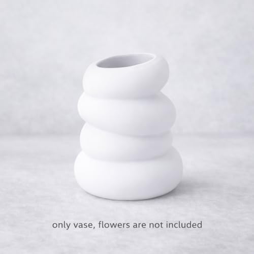 Image of Plastic Modern Textured White Decorative Vase for Flowers, Ceramic-Look Ribbed Design Table Vase for Living Room, Bedroom, Office Decor, Lightweight & Durable Flower Pot (Pebbles Tower)