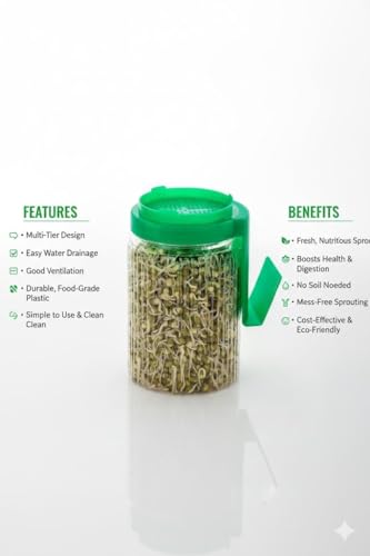 Image of KESI ORNAMENTS Sprouts Maker Jar - Durable & Reusable Sprouter for All Seeds and Beans, BPA-Free with Mesh Lid for Airflow, Odor-Free, Easy Drainage, and Hygienic Design - Green