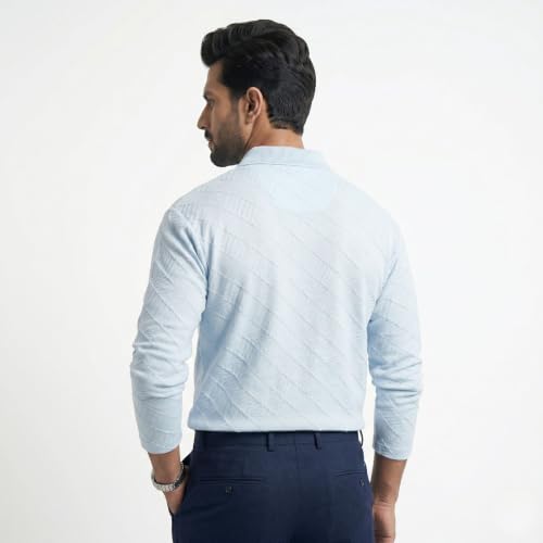 Image of BEAR THREAD Men's Polo T-Shirt | Linear Jacquard Full Sleeve Textured Knit Polo | Smart Casual Collared Stretch Fabric Tee | Stylish Everyday Wear for Men