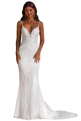 JAEDEN Spitze Brautkleid Meerjungfrau Standesamt Kleid V-Ausschnitt Spitze Hochzeitskleid Weiß 38