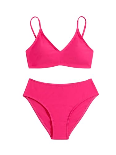 Image of MakeMeChic Girl's Solid Summer Bikini Sets Two Piece Bathing Suit V Neck Adjustable Strap Swimsuit Swimwear Hot Pink 8 Years