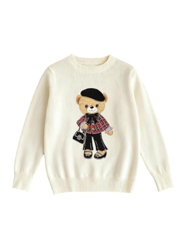 Image of BEAUDRM Girl's Bow Sweater Crew Neck Cute Sweaters Long Sleeve Knit Pullovers Sweater