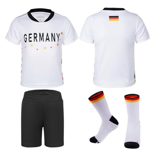 MUDJEAN Kids German Soccer Jersey Kit Youth Germany T Shirt Girls Soccer Apparel Germany Soccer Uniforms Quick-Dry White Size 5-6 Years