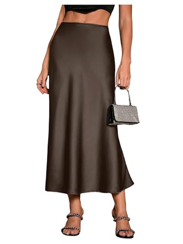 Verdusa Women's High Waisted Satin Skirt Elegant Long Skirts Coffee