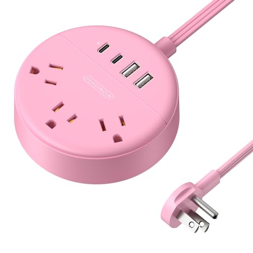 NTONPOWER Pink Power Strip, 5ft Extension Cord, 3 AC Outlets & 2 USB C & 2 USB A, Flat Extension Cord, Wall Mount, Flat Plug Power Strip for Home, Dorm, Vanity Desk, Nightstand, Women Travel Essential